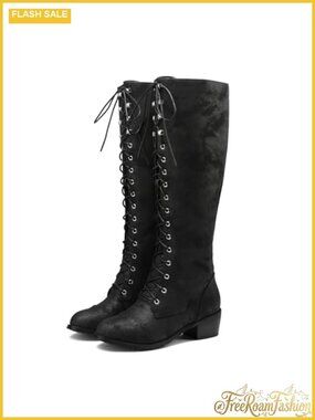 Women's Knee High Combat Boots Lace Up Riding Boots Low Block Heel